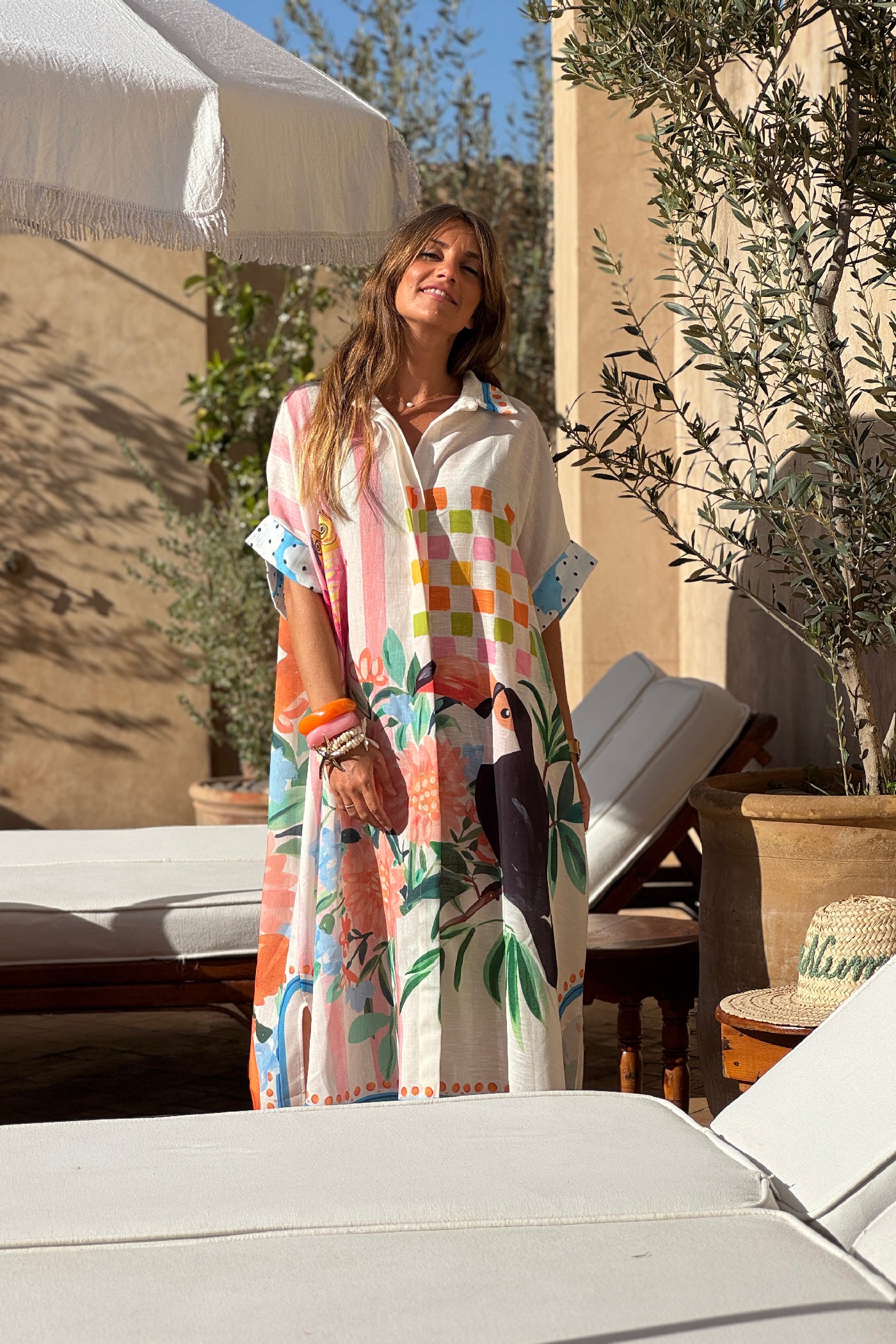 White Paradise Print Button-Down Caftan