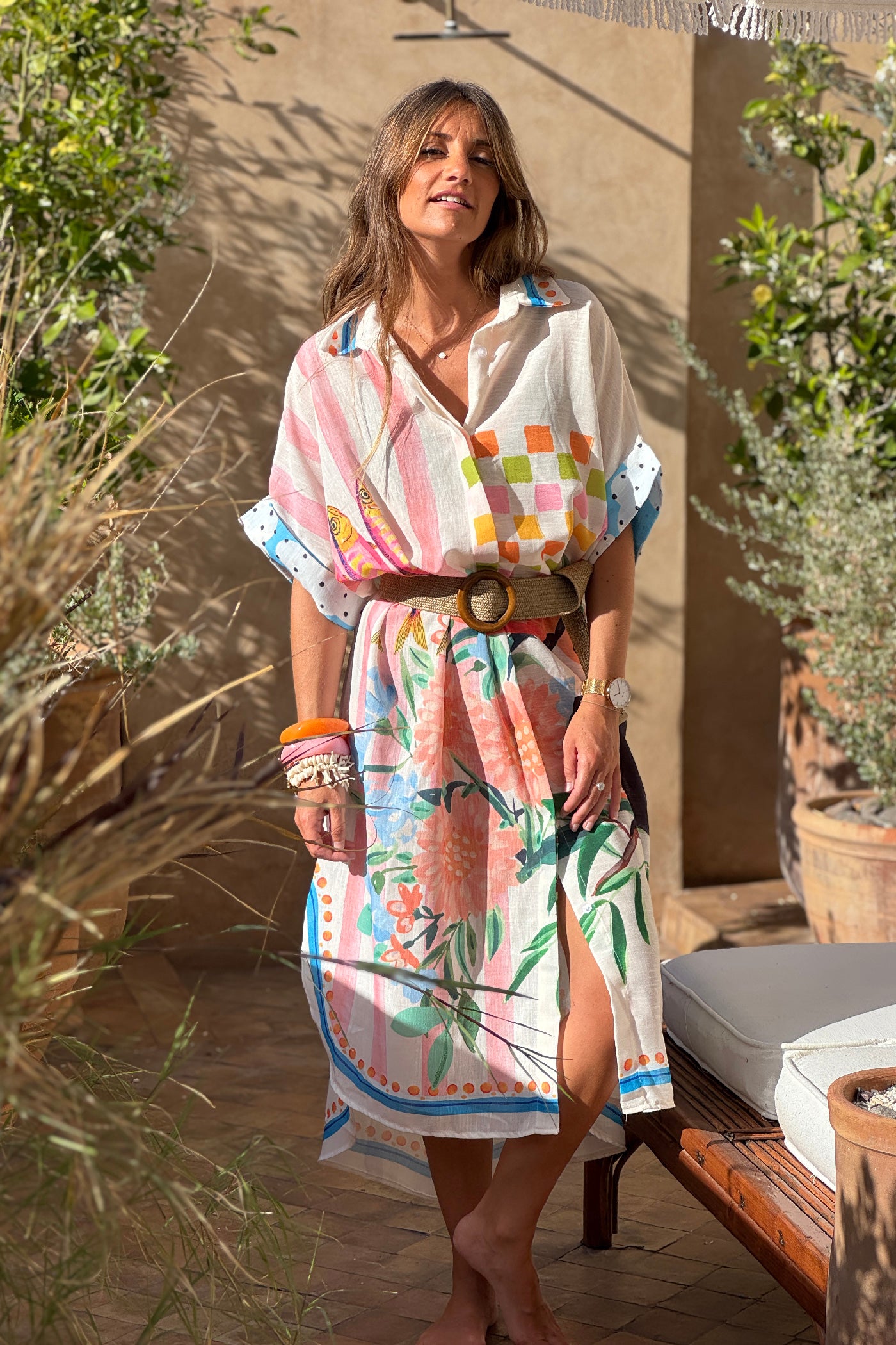 White Paradise Print Button-Down Caftan