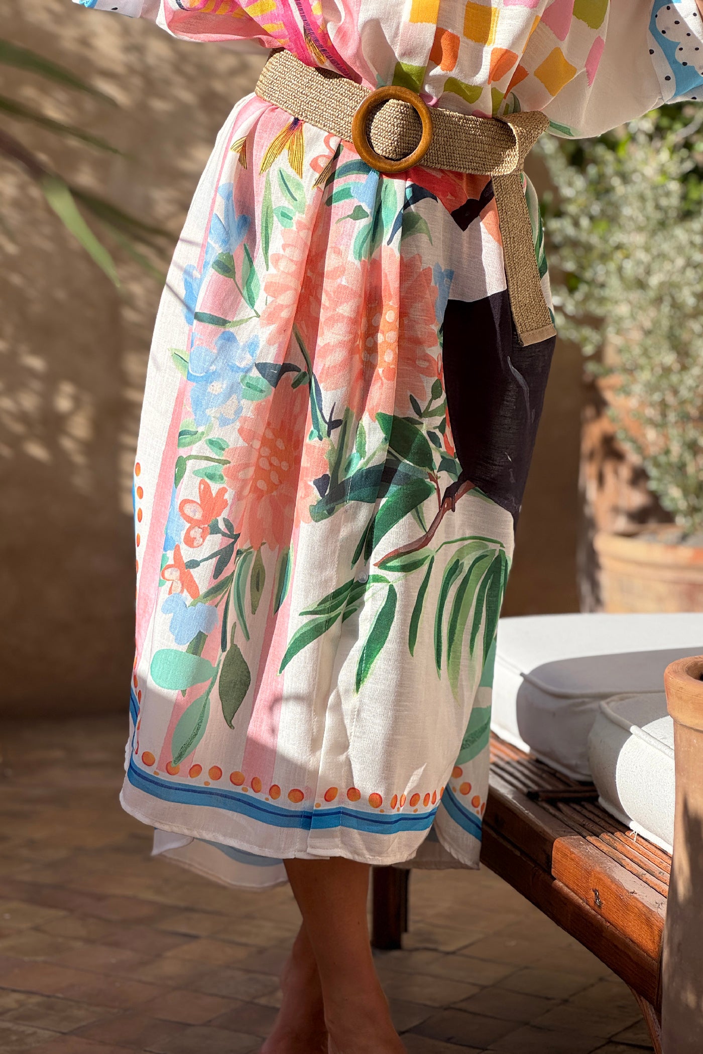 White Paradise Print Button-Down Caftan