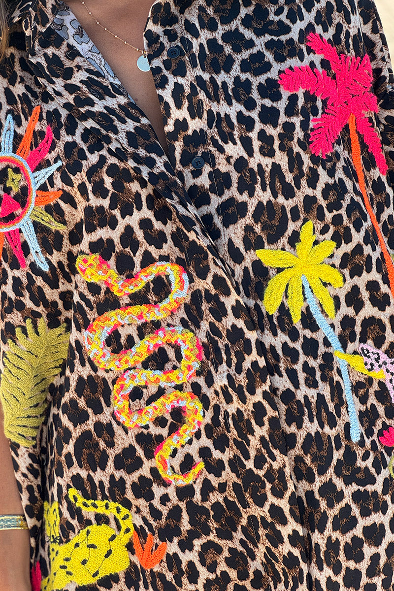 Leopard Print Jungle Applique Poplin Shirt Dress