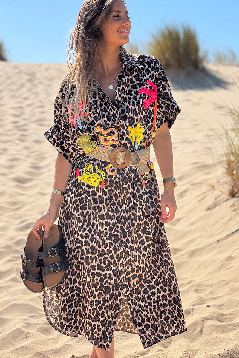 Leopard Print Jungle Applique Poplin Shirt Dress