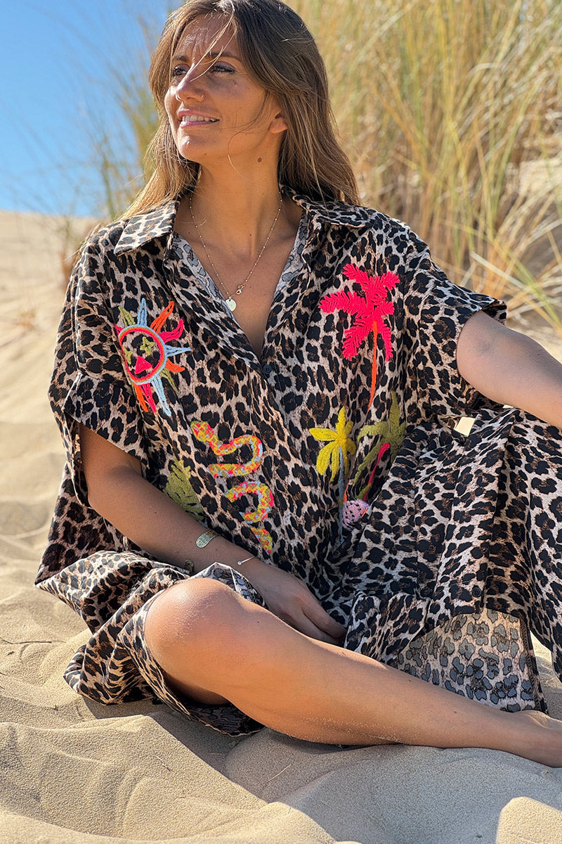 Leopard Print Jungle Applique Poplin Shirt Dress