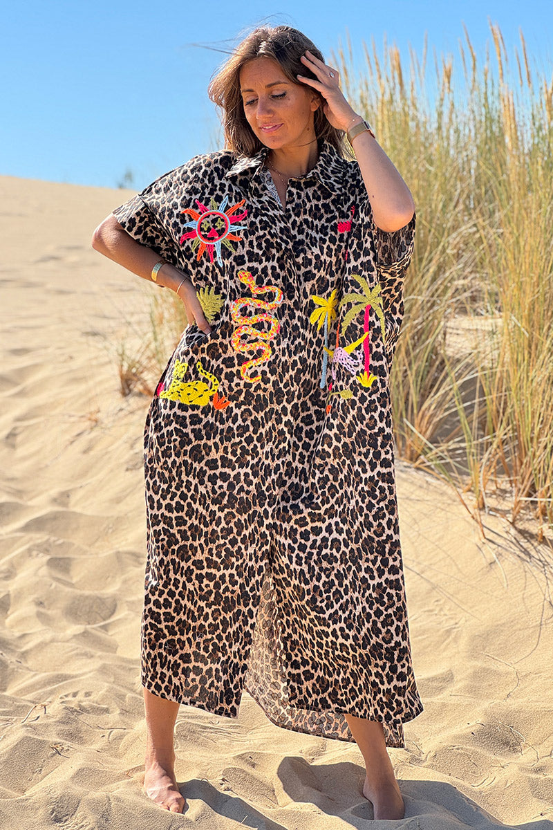Leopard Print Jungle Applique Poplin Shirt Dress