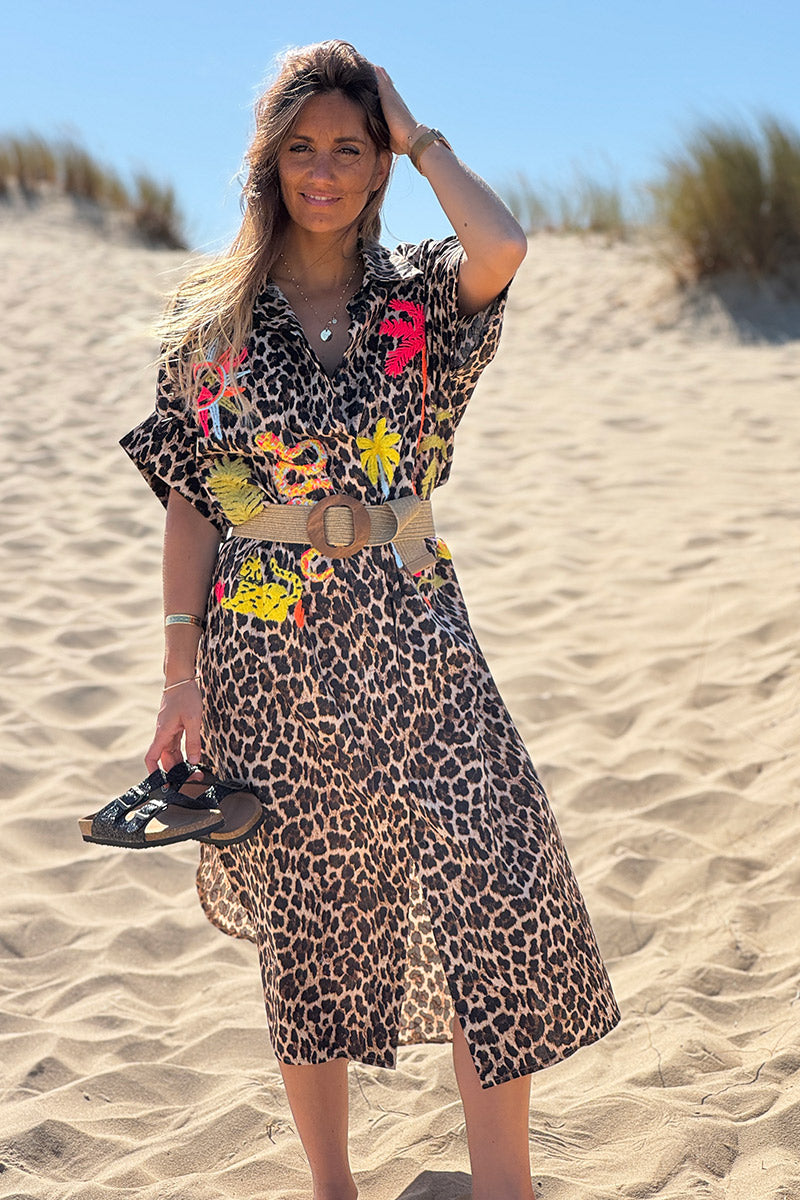 Leopard Print Jungle Applique Poplin Shirt Dress
