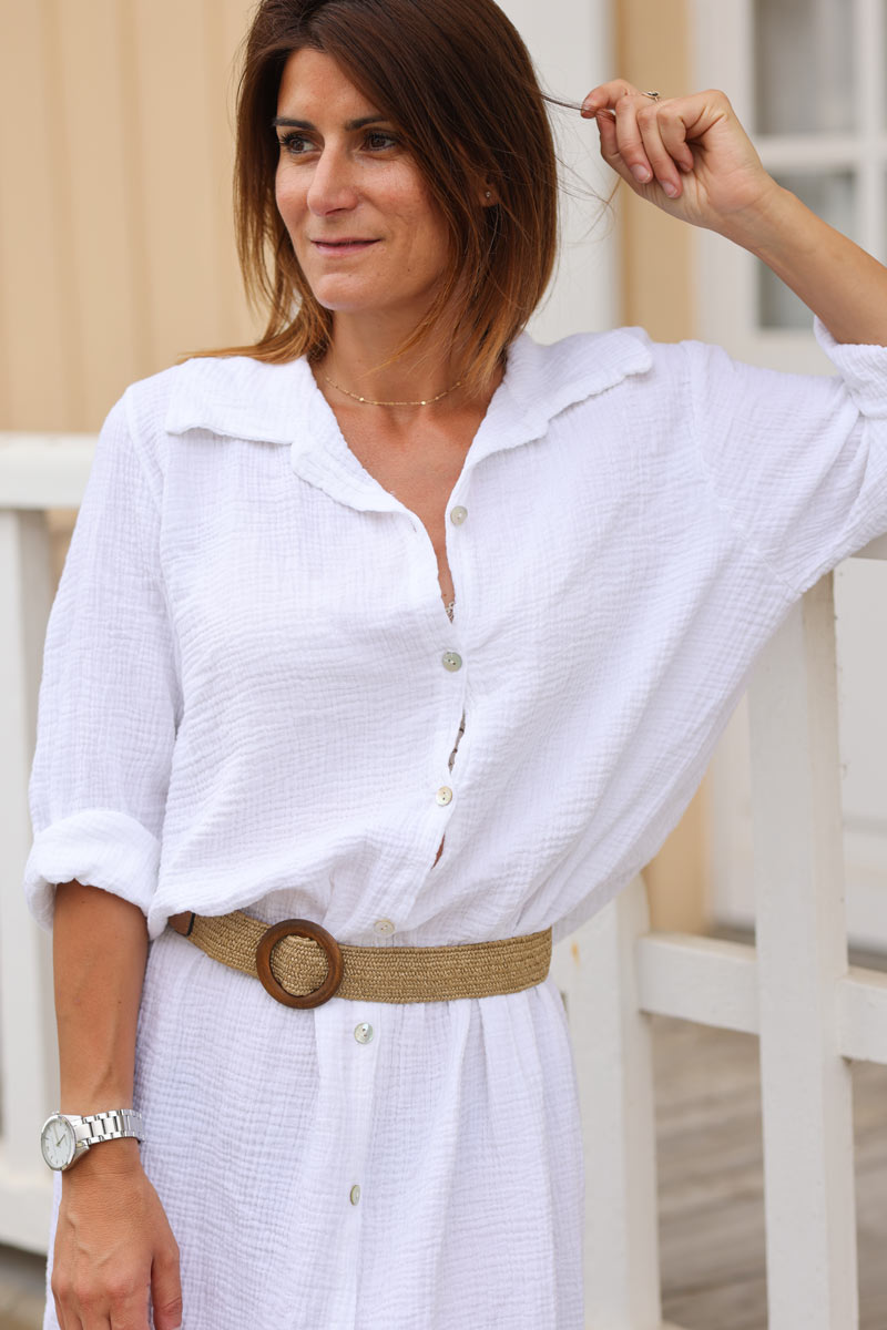 Robe chemise longue fendue en gaze de coton blanc H133 (1)