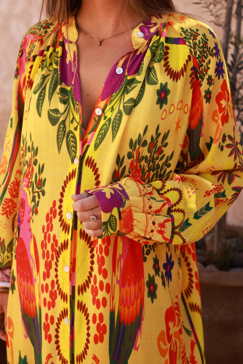 Yellow Jungle Parrot Print Maxi Dress