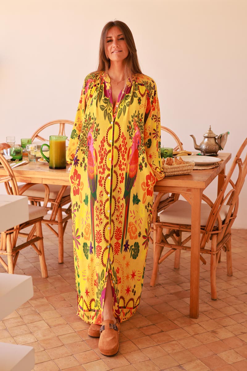 Yellow Jungle Parrot Print Maxi Dress