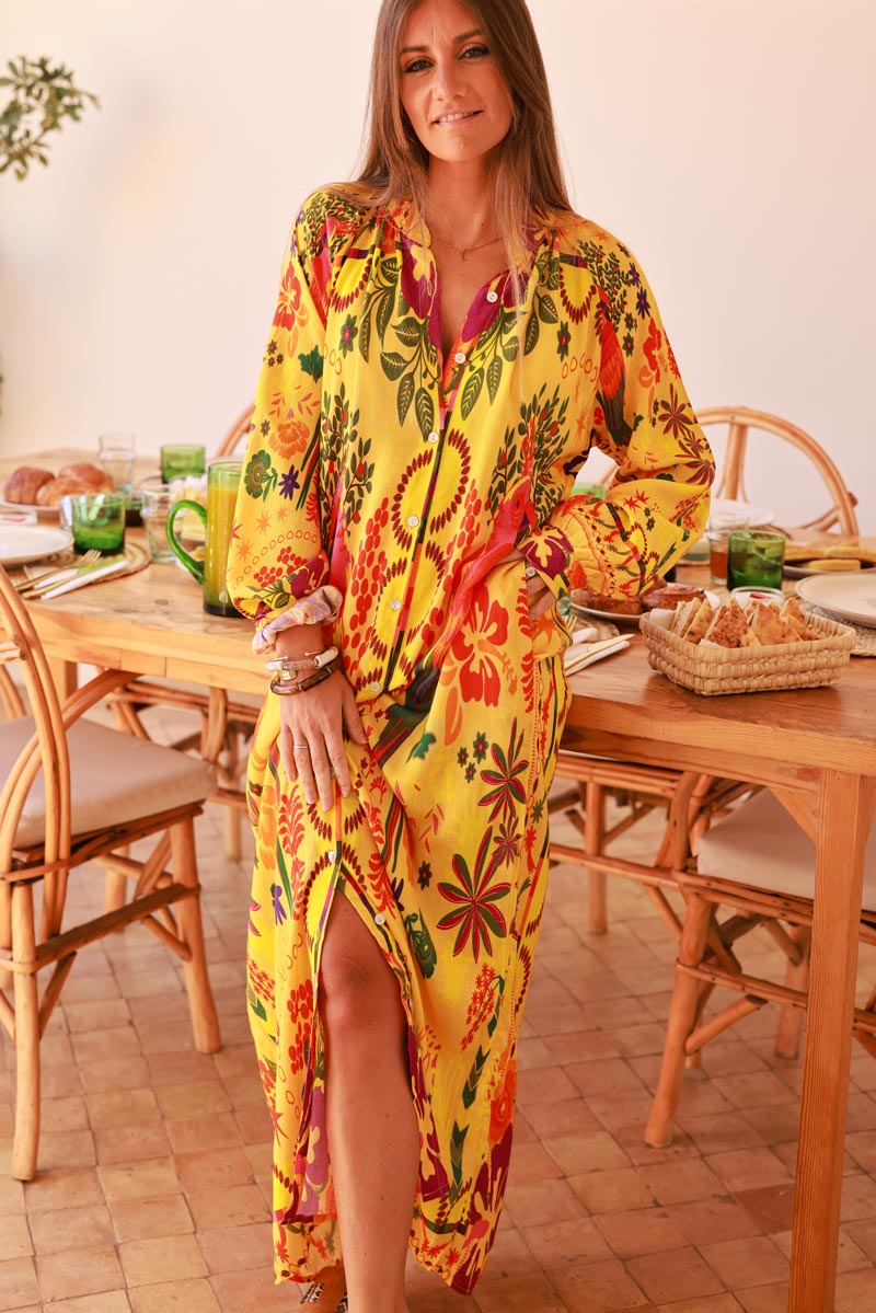 Yellow Jungle Parrot Print Maxi Dress
