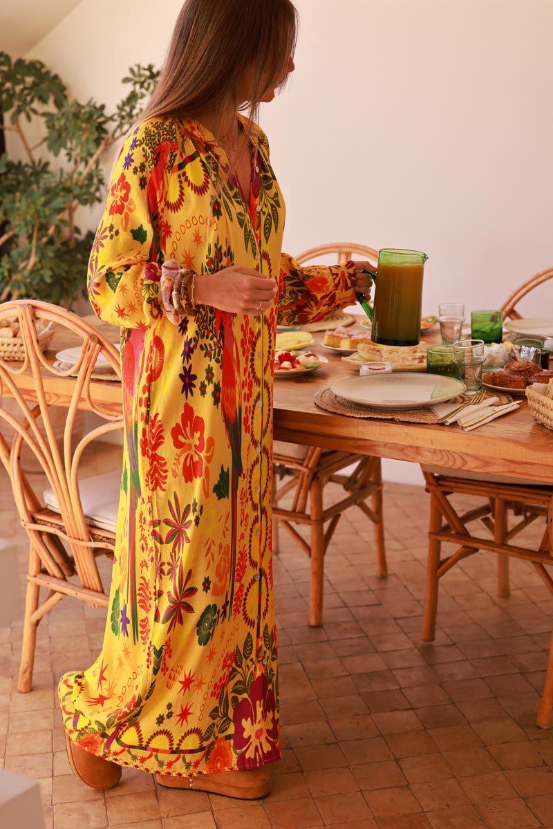 Yellow Jungle Parrot Print Maxi Dress