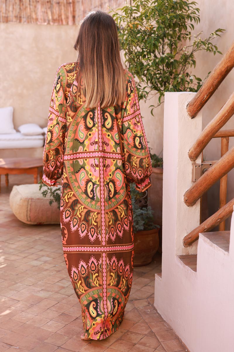 Brown Rust Peacock Feather Tribal Button-Down Maxi Dress