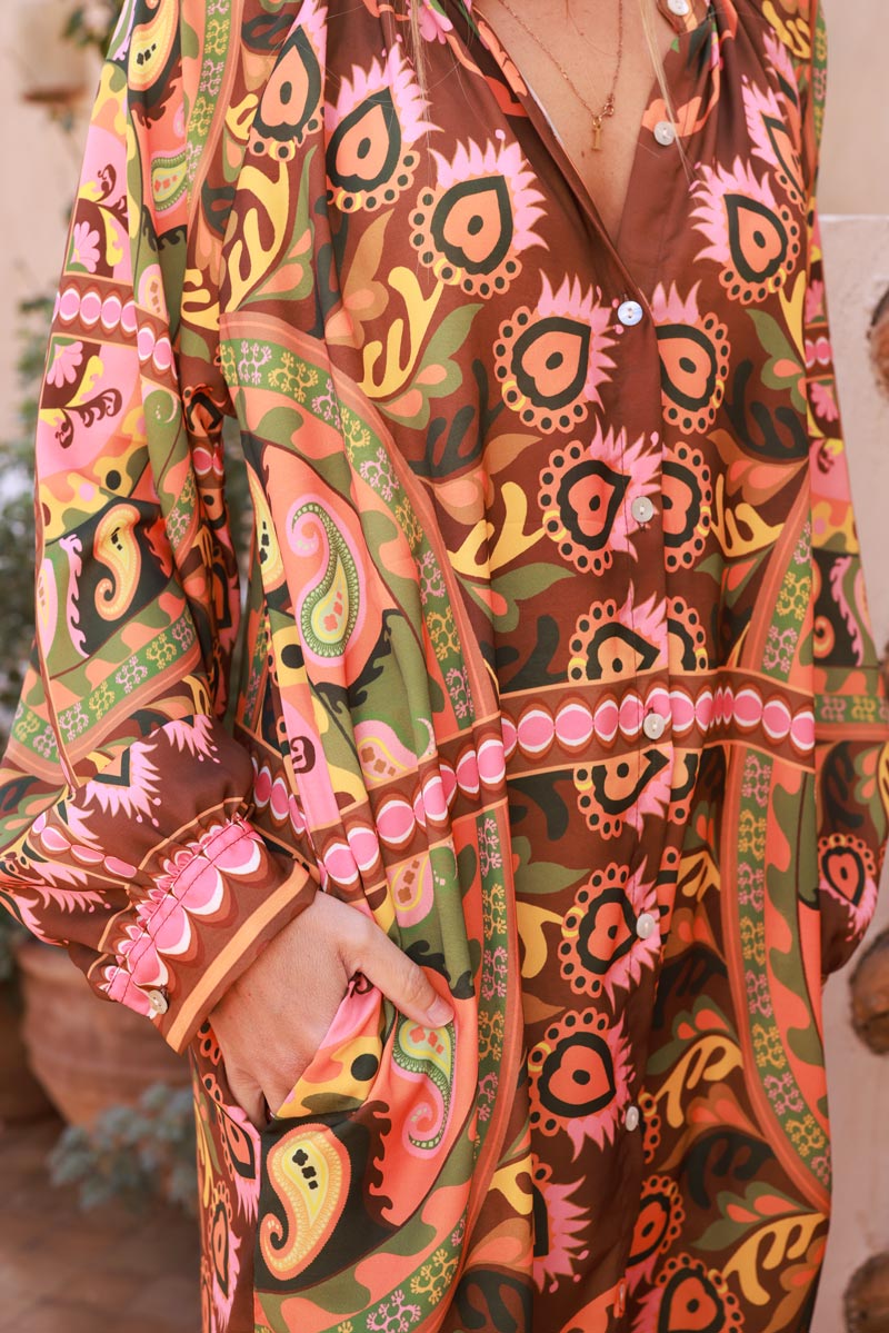 Brown Rust Peacock Feather Tribal Button-Down Maxi Dress