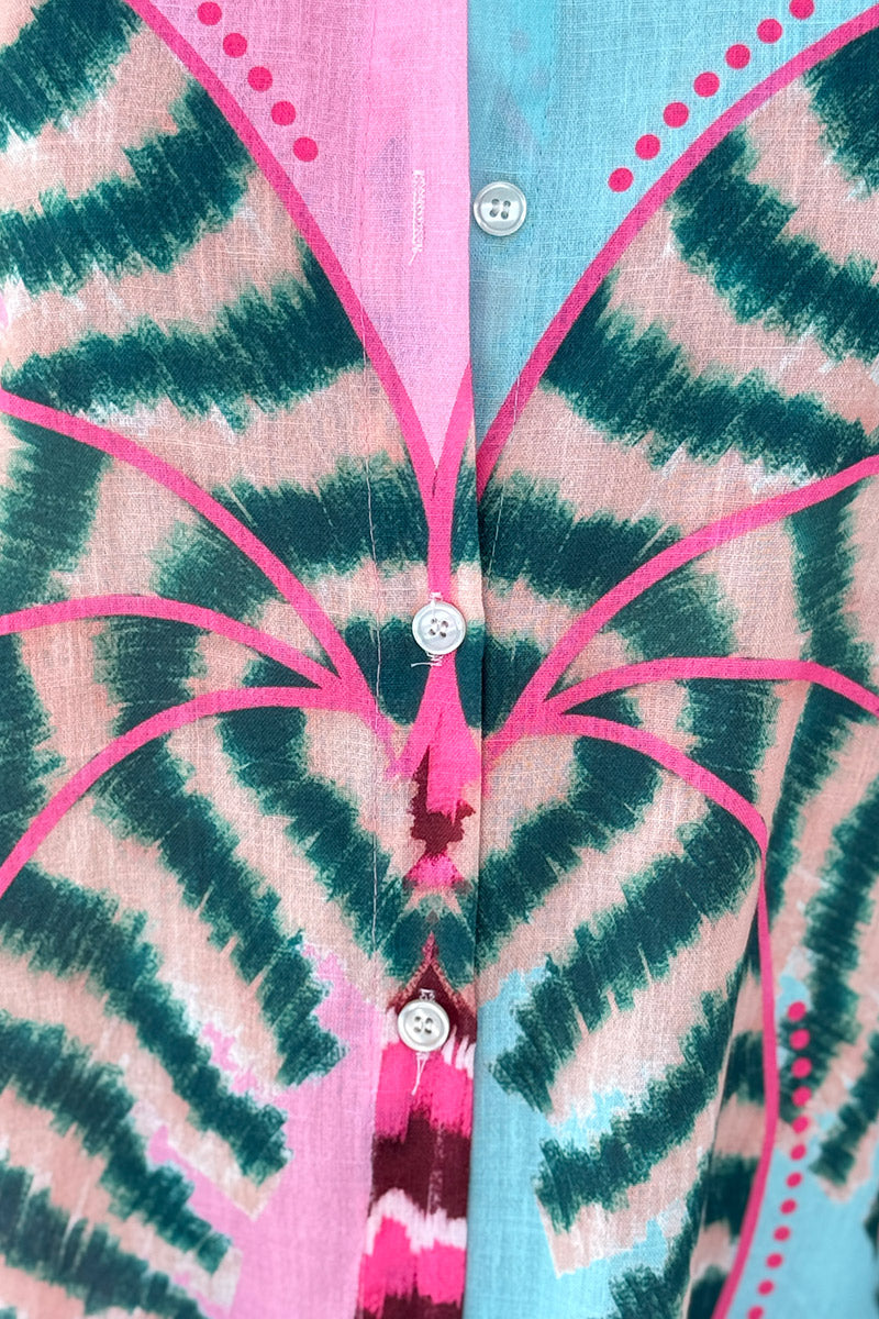 Pink Wild Palms Mixed Media Shirt Dress