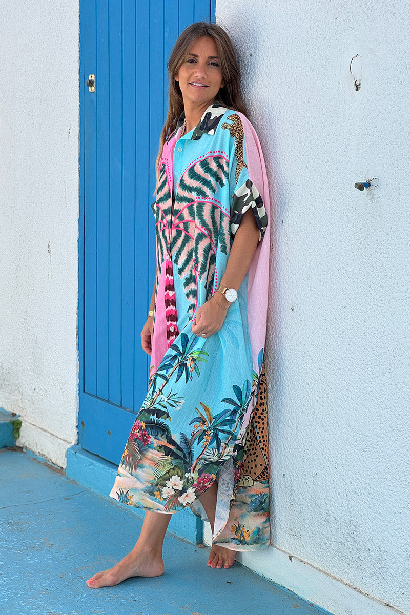 Pink Wild Palms Mixed Media Shirt Dress