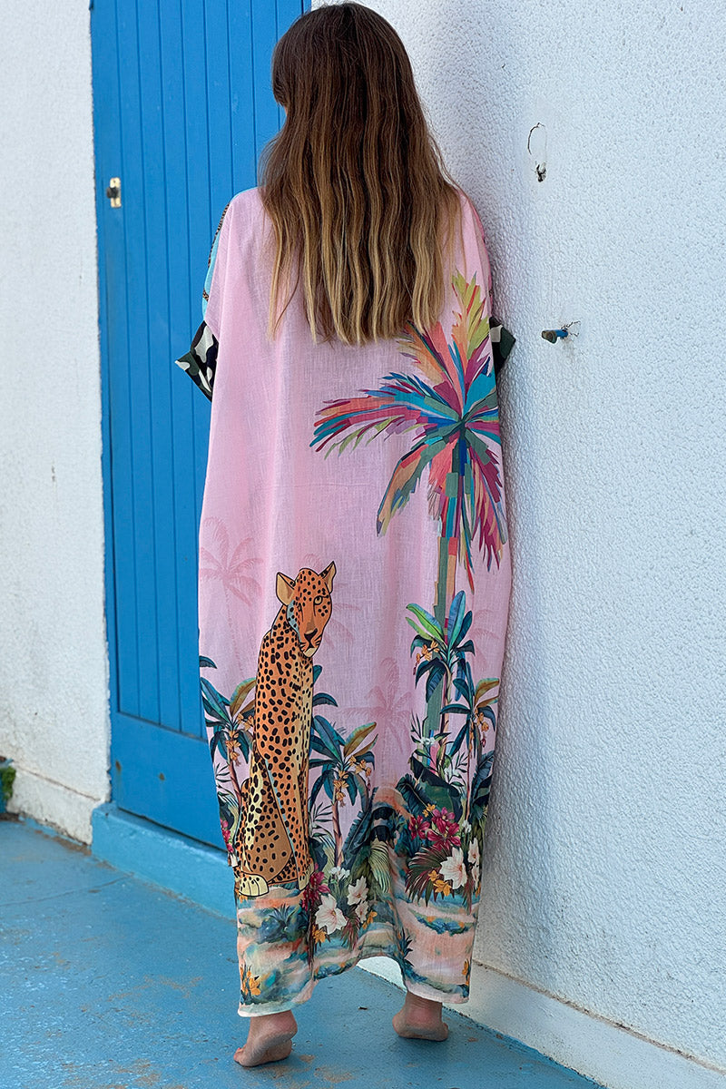 Pink Wild Palms Mixed Media Shirt Dress