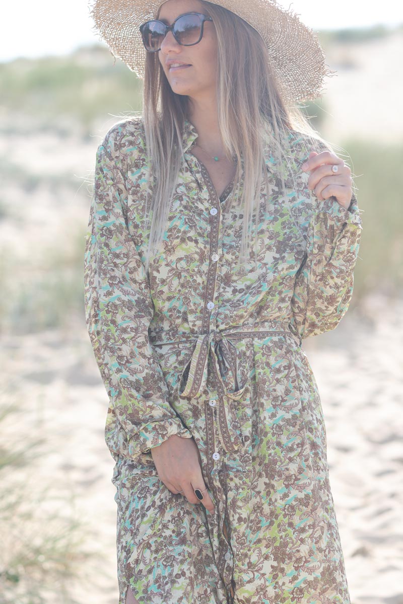 Vestido camisero largo abotonado con tacto de seda y estampado de flores