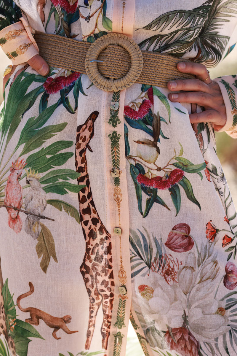 Robe chemise mi longue en lin mélangé manches longues imprimé jungle safari