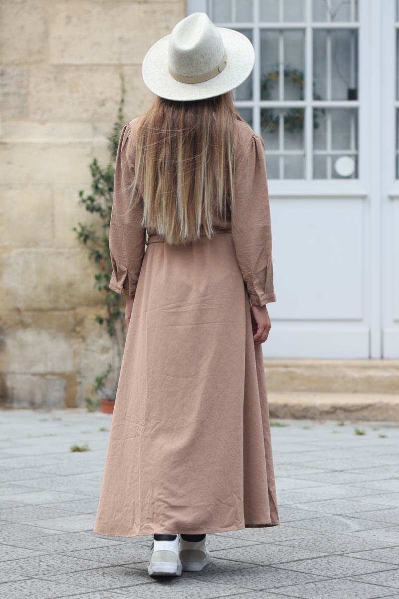 Robe chemise uni camel motif fleurs en relief E203 (1)