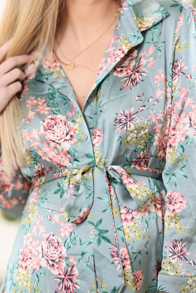 Robe chemise vert celadon effet satine imprime floral g006 (1)