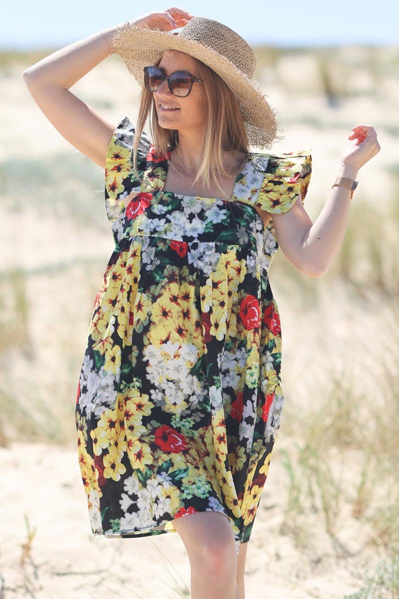 Robe-col-carre-motif-floral-jaune-E090-(1)