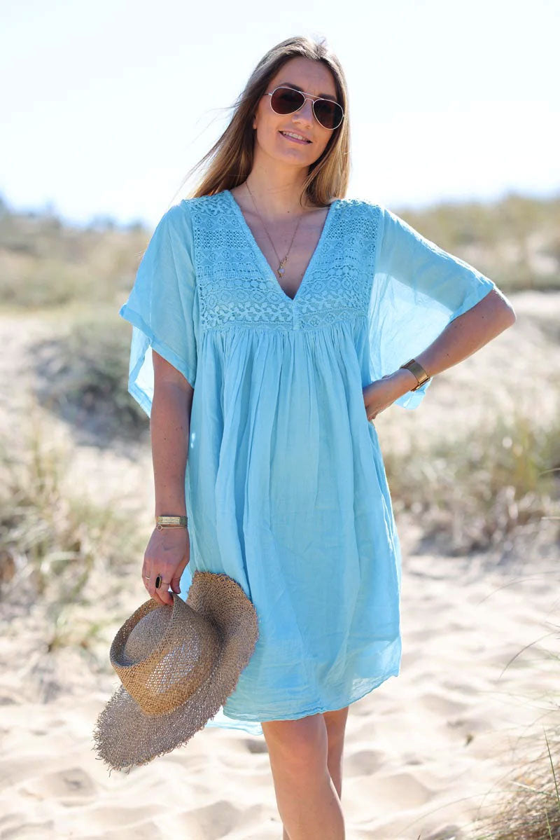 Robe Bleu Robe Dentelle Coton - Main Image