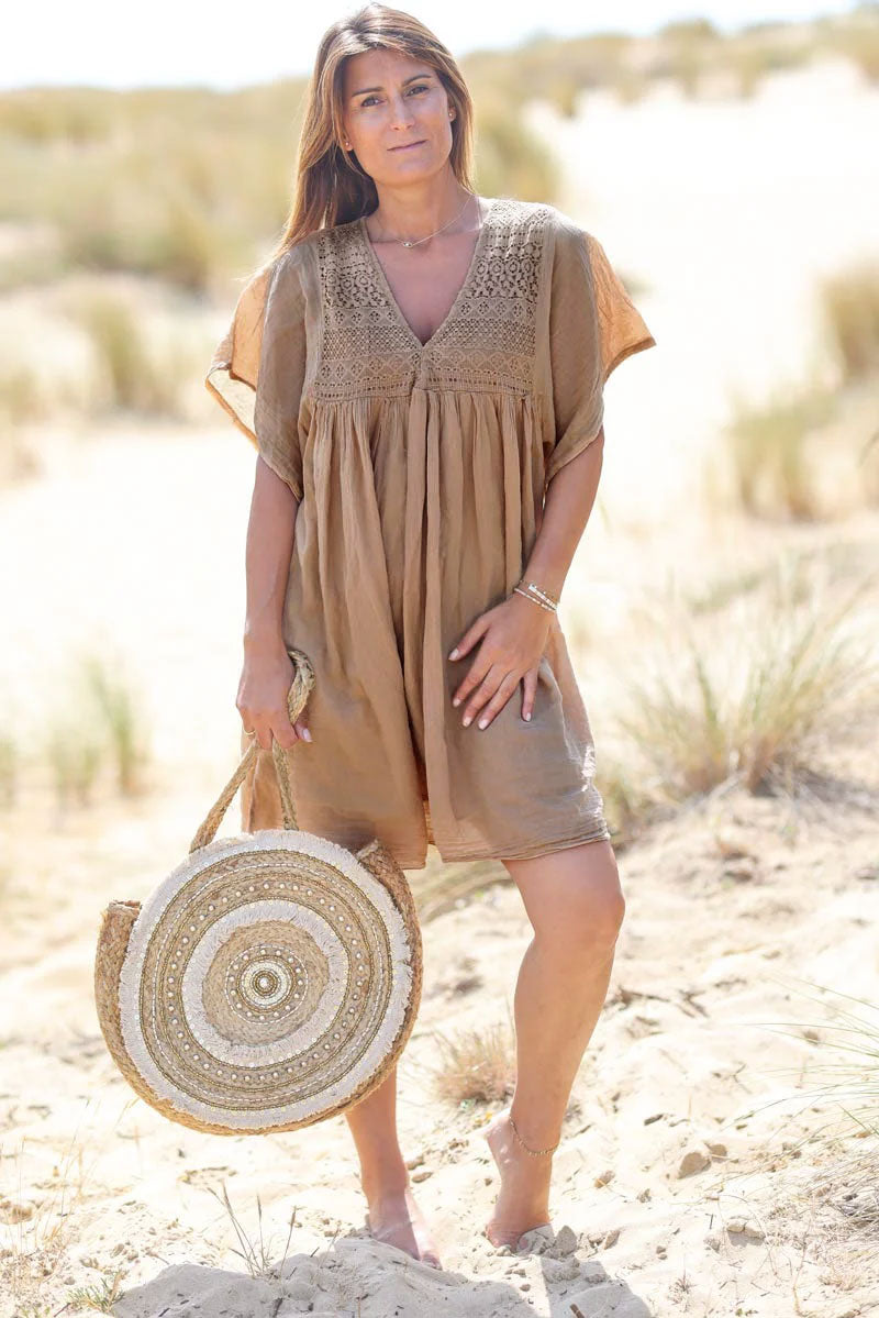 Camel Floaty Cotton Dress with Lace Top