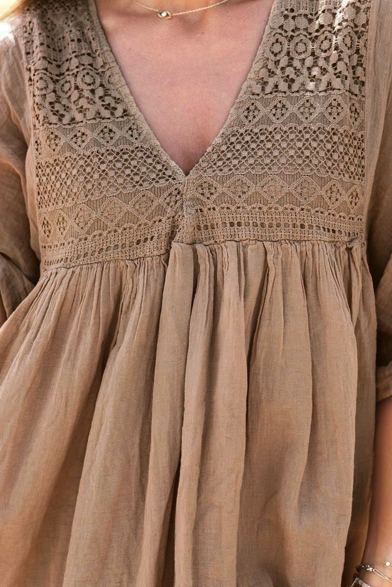 Camel Floaty Cotton Dress with Lace Top