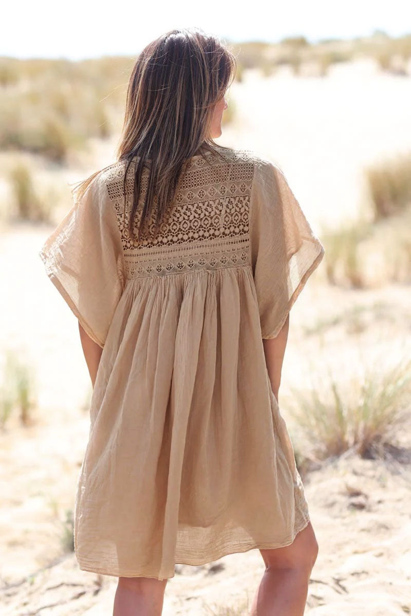 Camel Floaty Cotton Dress with Lace Top
