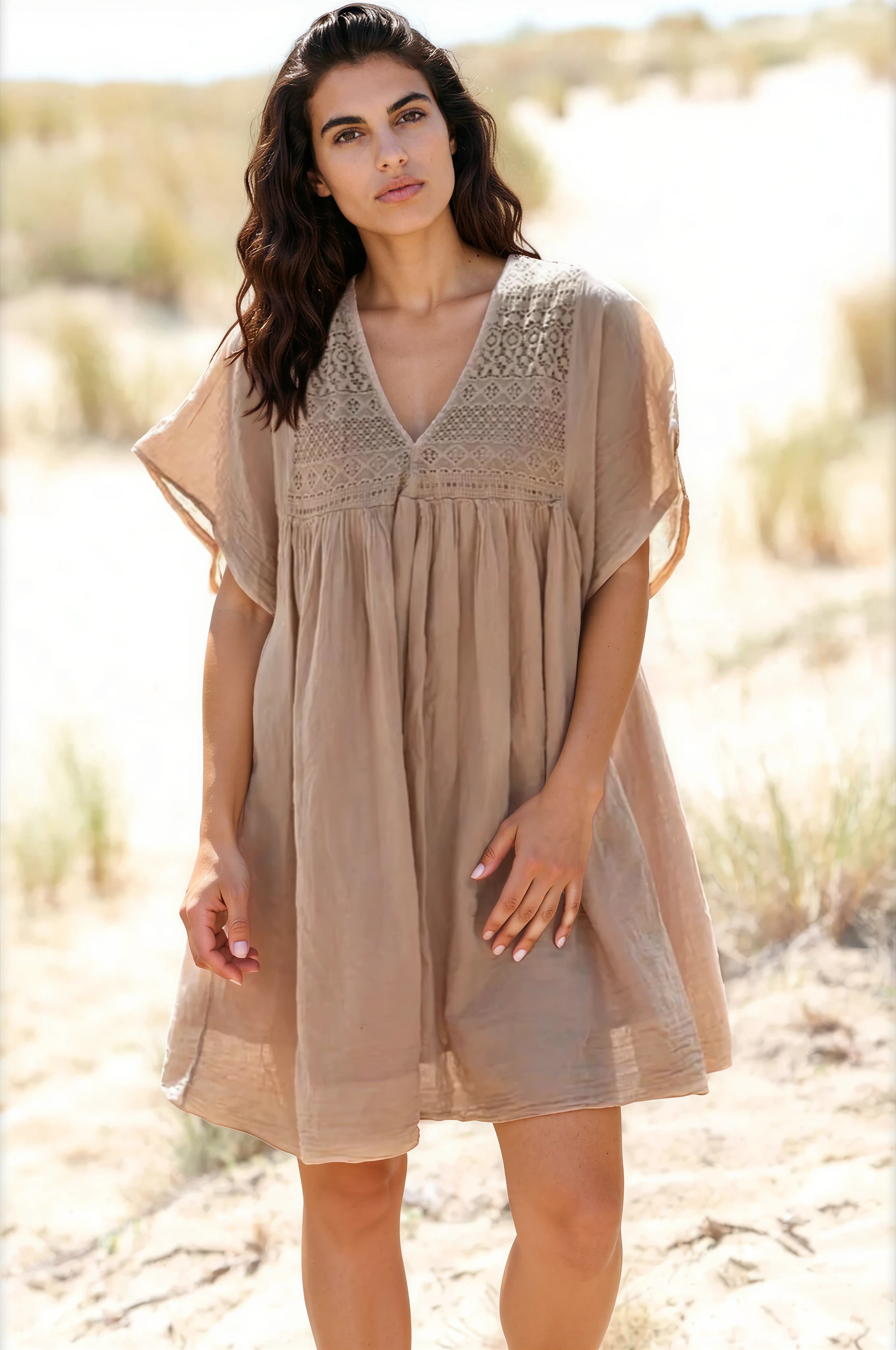 Camel Floaty Cotton Dress with Lace Top