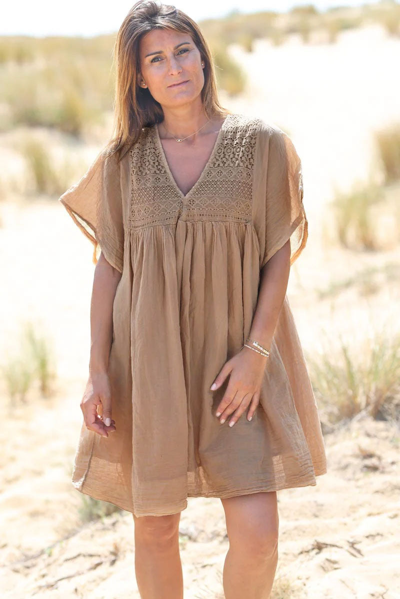 Camel Floaty Cotton Dress with Lace Top