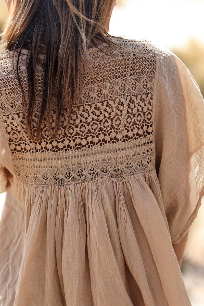 Camel Floaty Cotton Dress with Lace Top