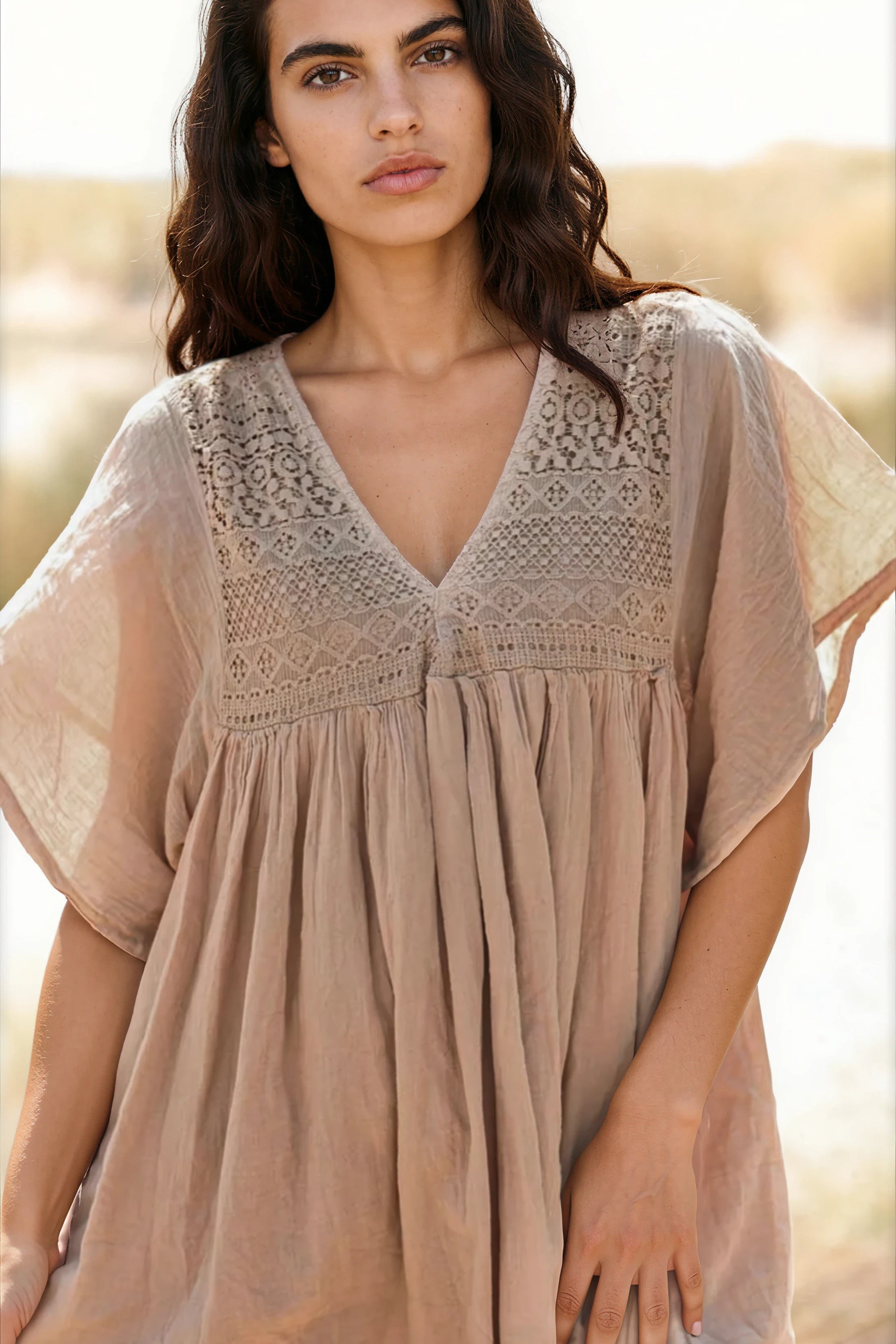 Camel Floaty Cotton Dress with Lace Top