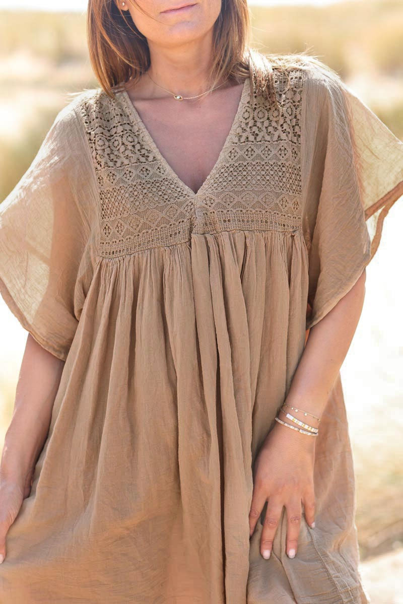 Camel Floaty Cotton Dress with Lace Top