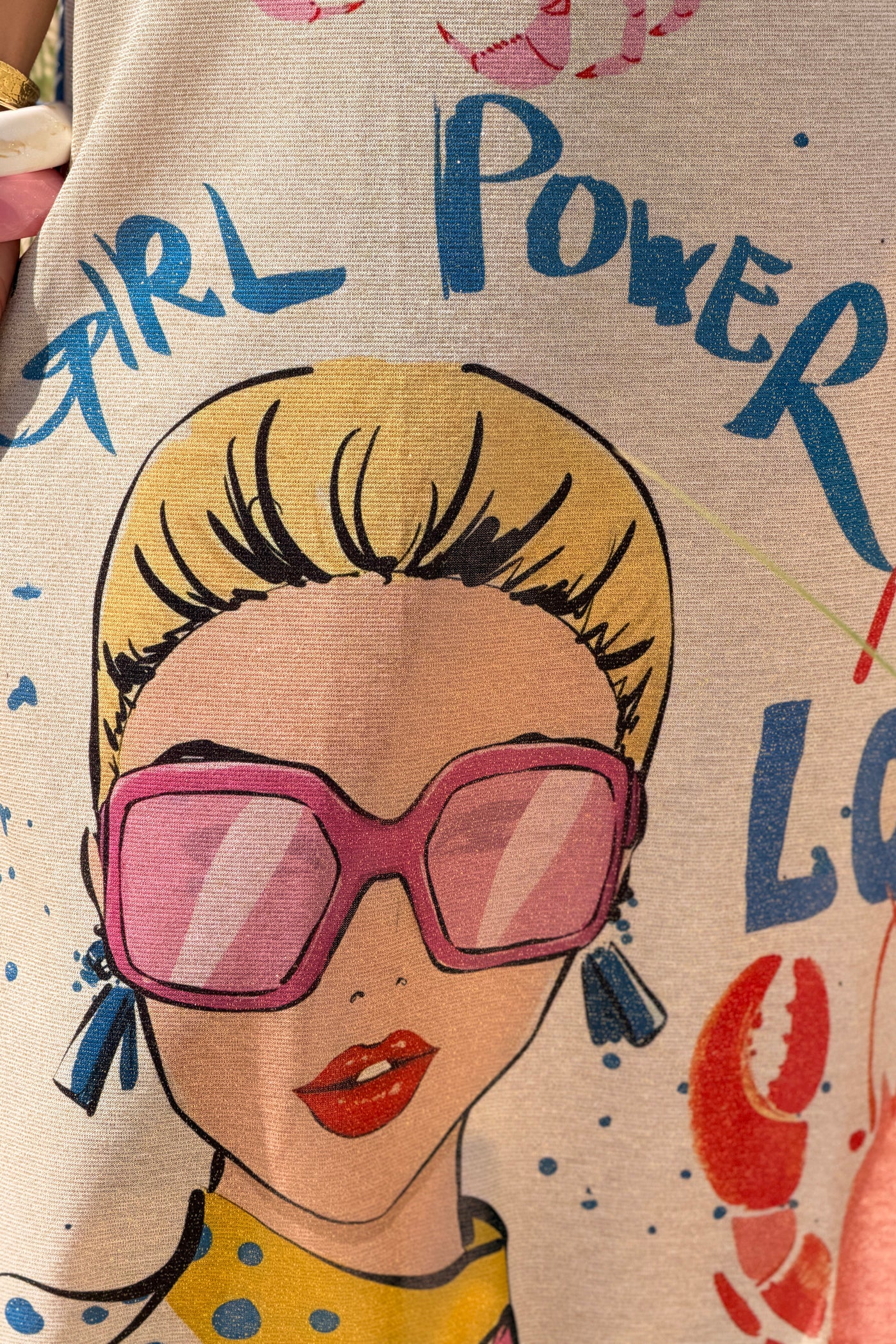 Robe débardeur brillante lurex beige imprimé Girl Power homard et crabe