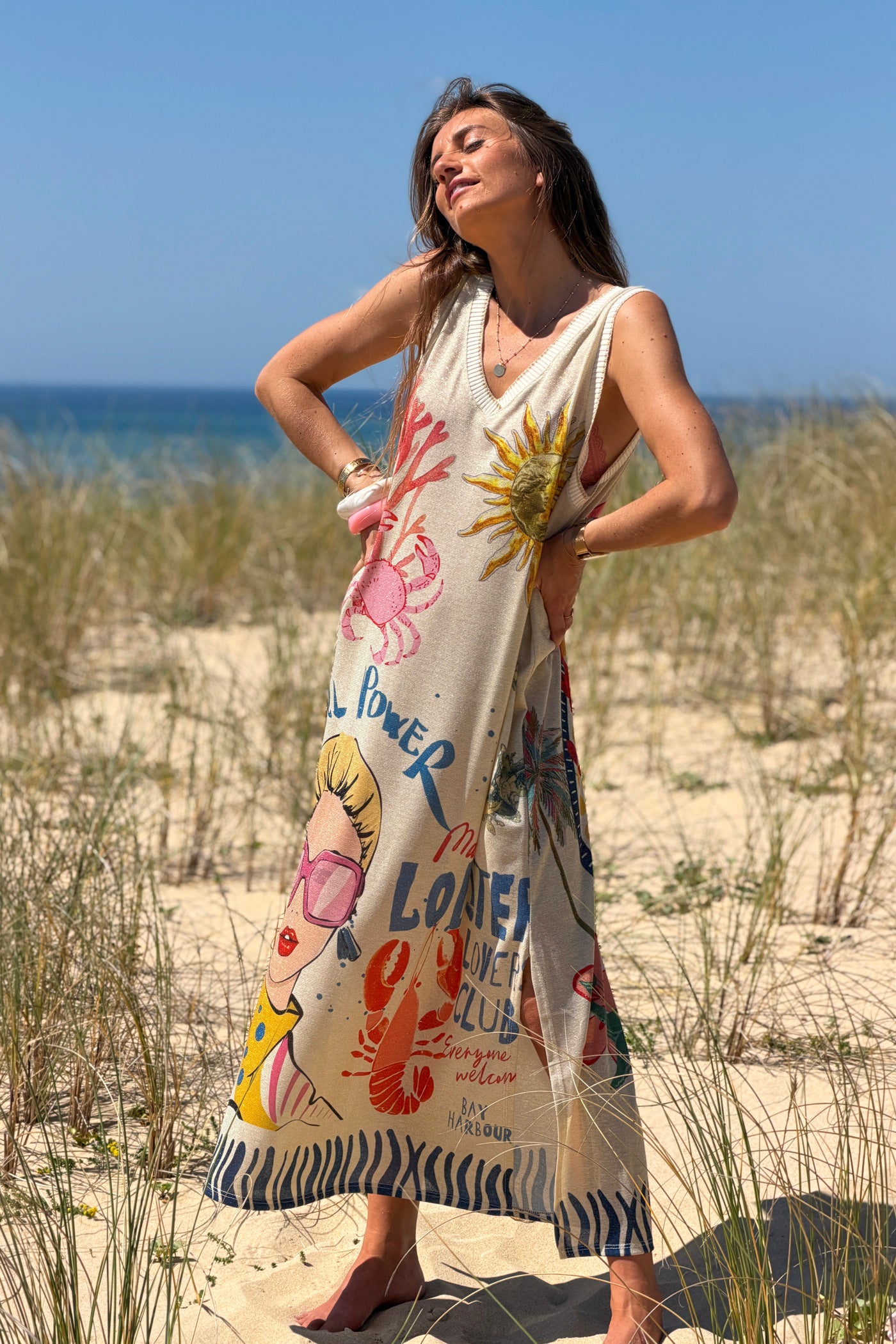 Robe débardeur brillante lurex beige imprimé Girl Power homard et crabe