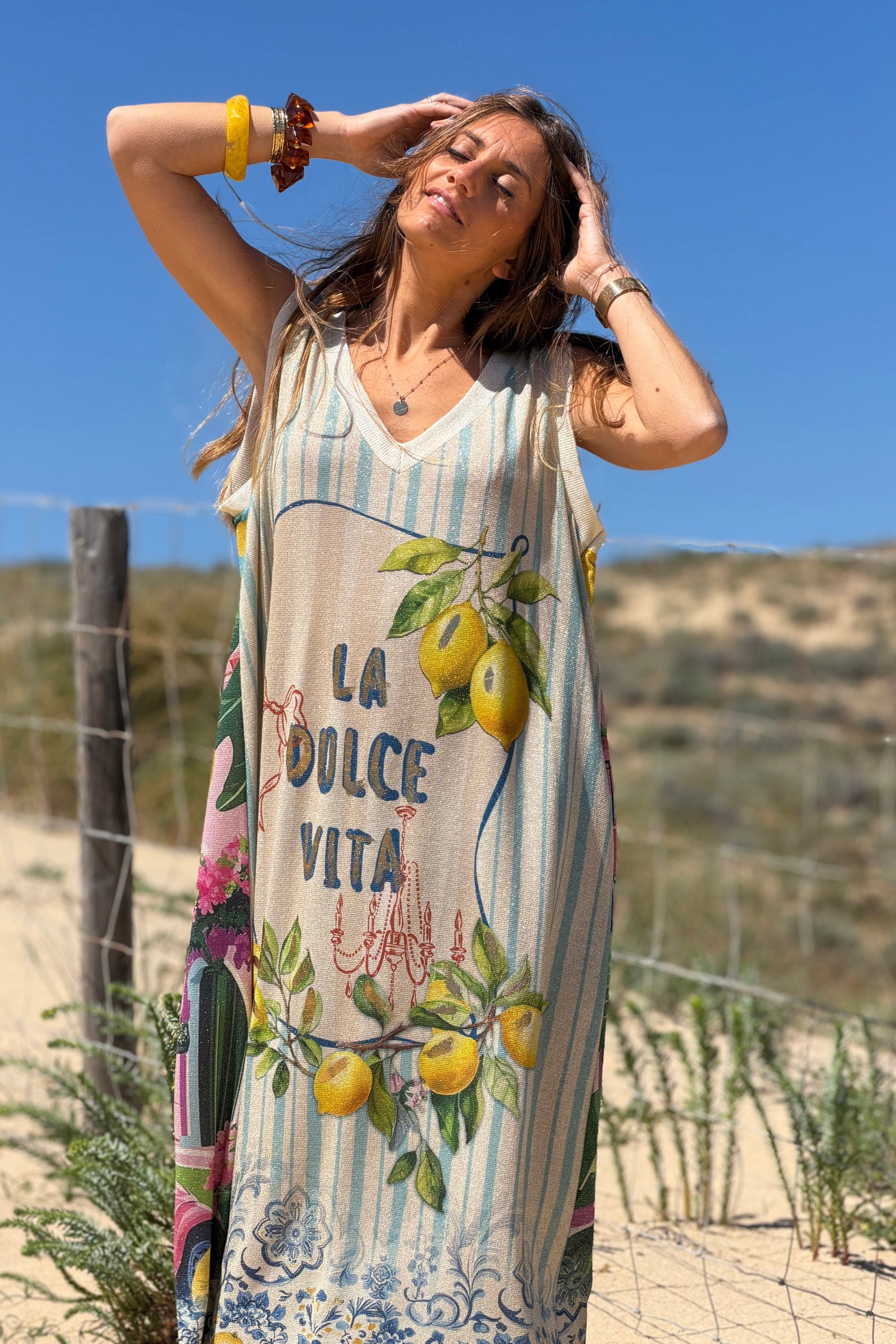 Blue Stripe “La Dolce Vita” Sleeveless Glitter Knit Maxi Dress