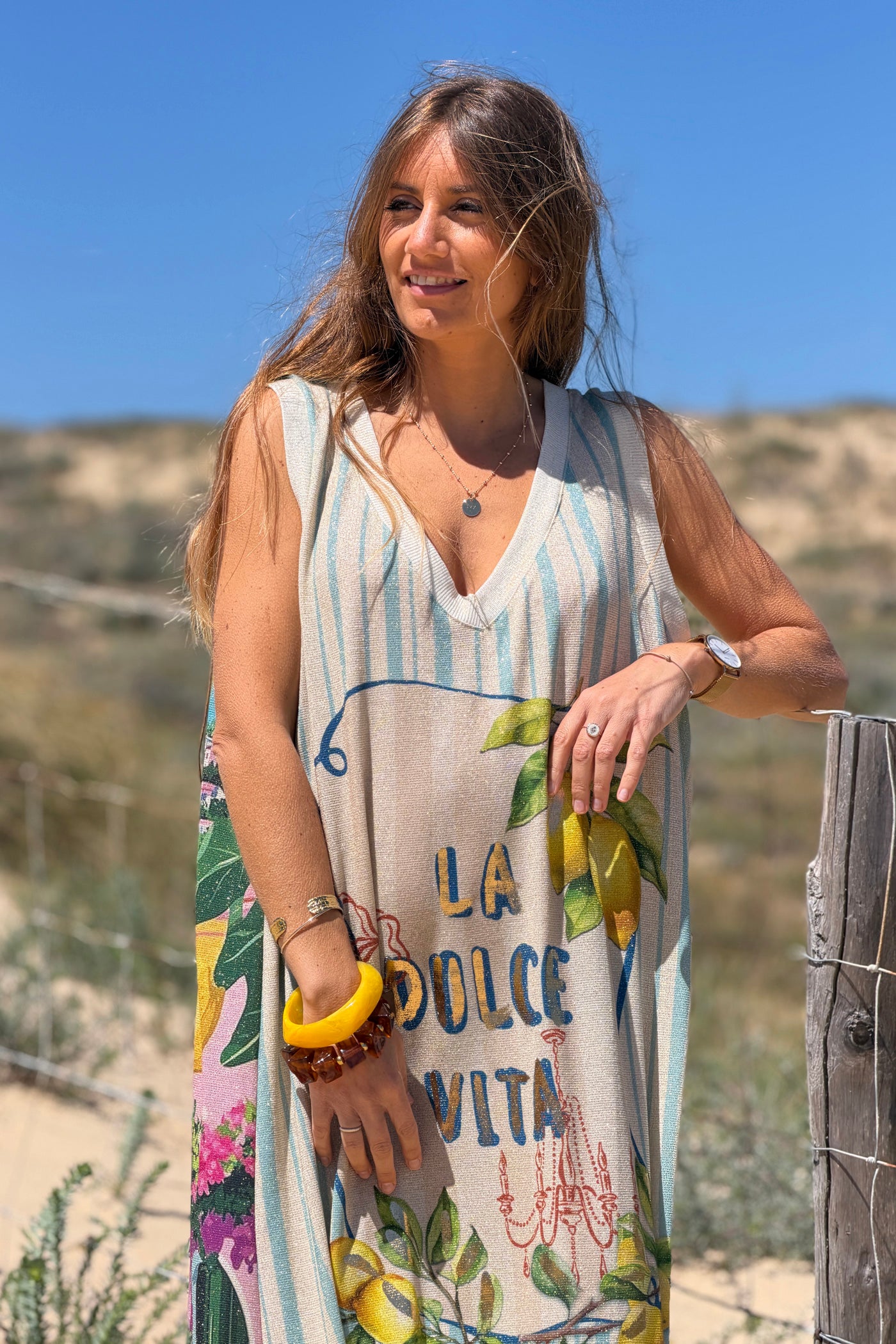 Blue Stripe “La Dolce Vita” Sleeveless Glitter Knit Maxi Dress