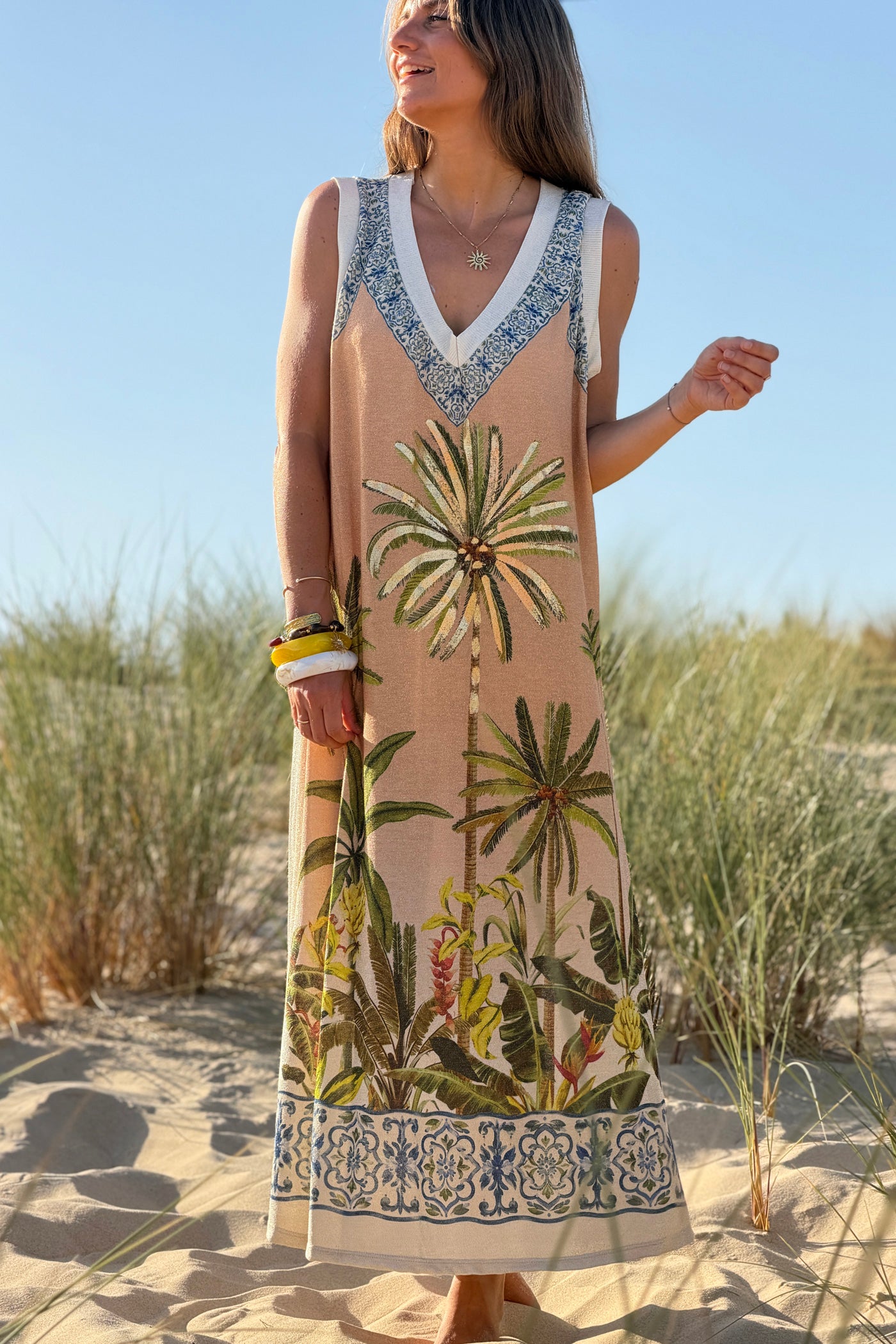 Robe débardeur brillante lurex imprimé palmiers fleurs orchidées