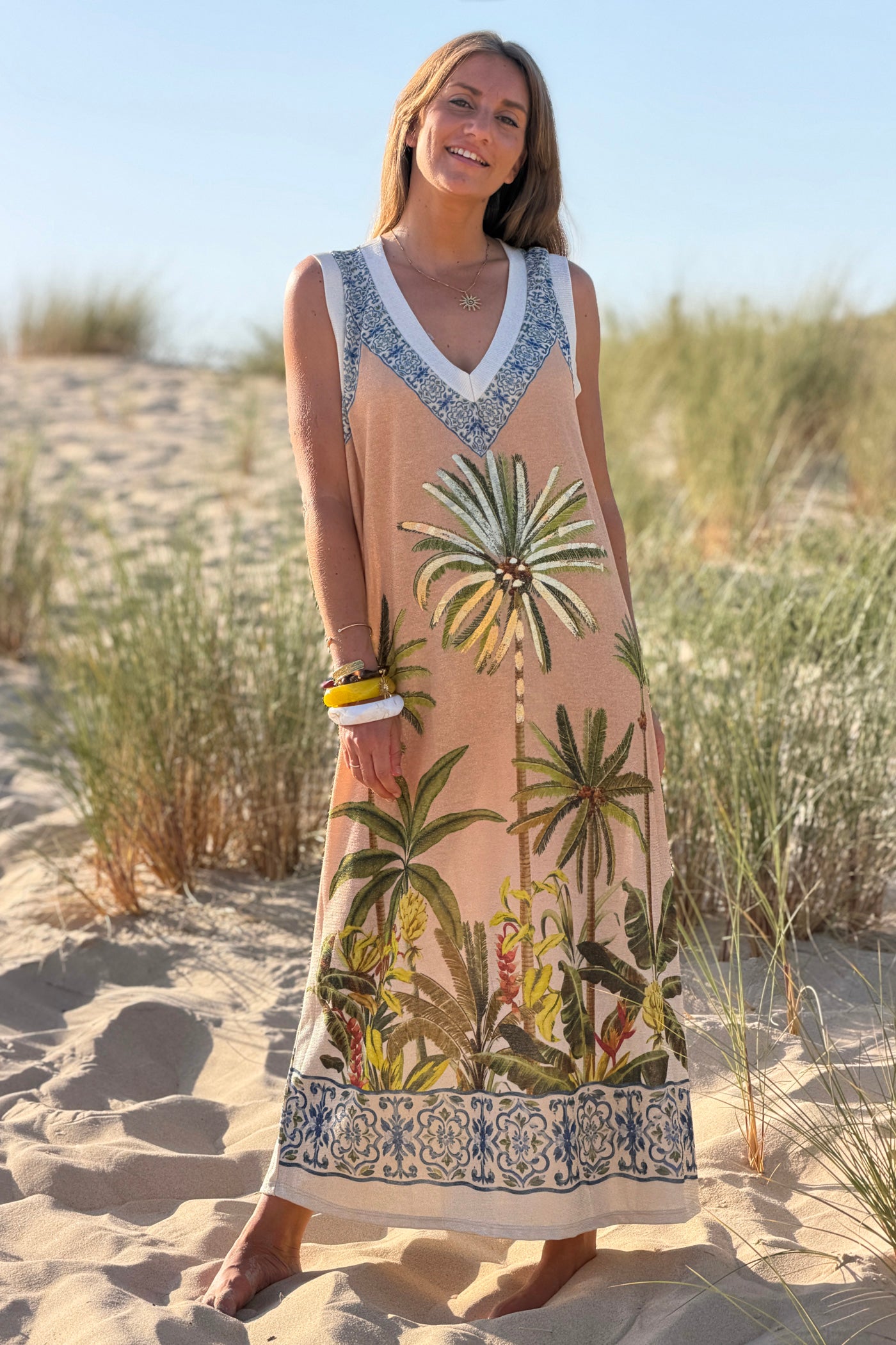 Robe débardeur brillante lurex imprimé palmiers fleurs orchidées