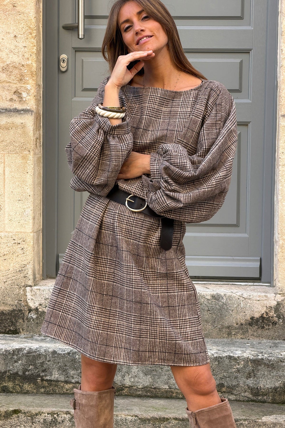 Brown Houndstooth Dolman Sleeve Dress with Belt