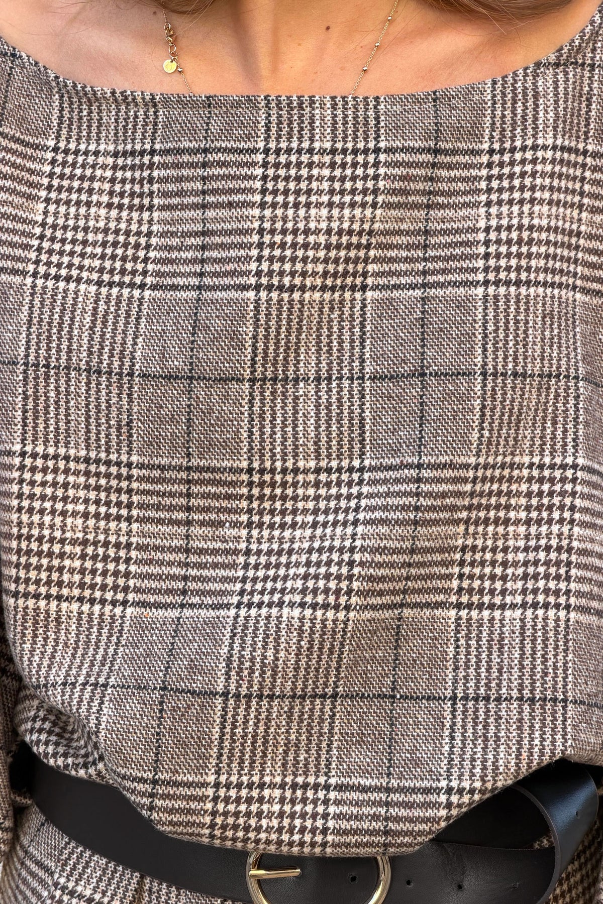 Brown Houndstooth Dolman Sleeve Dress with Belt