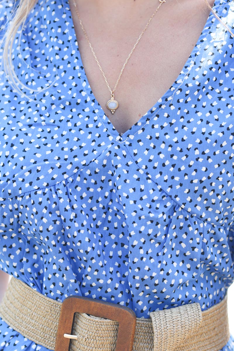 Robe en coton bleu roi col v petits coeurs E165 (1)