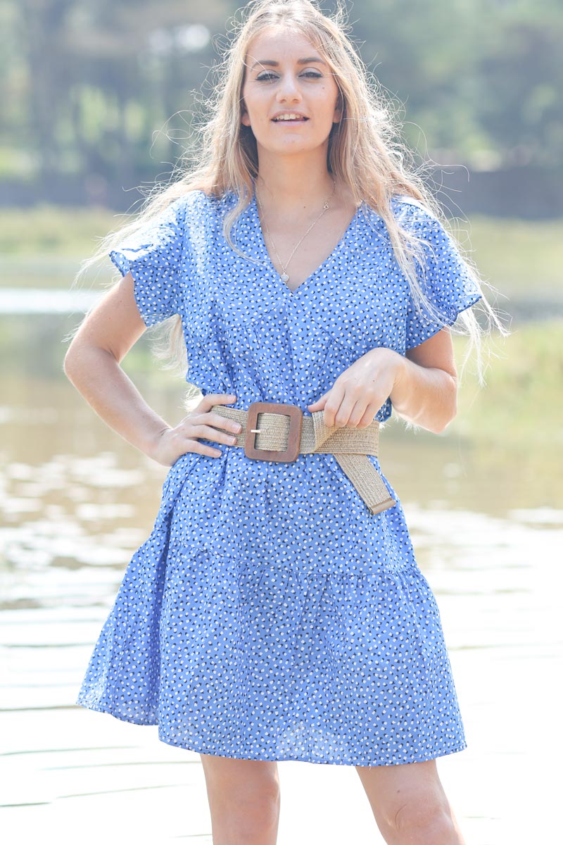 Robe en coton bleu roi col v petits coeurs E165 (1)