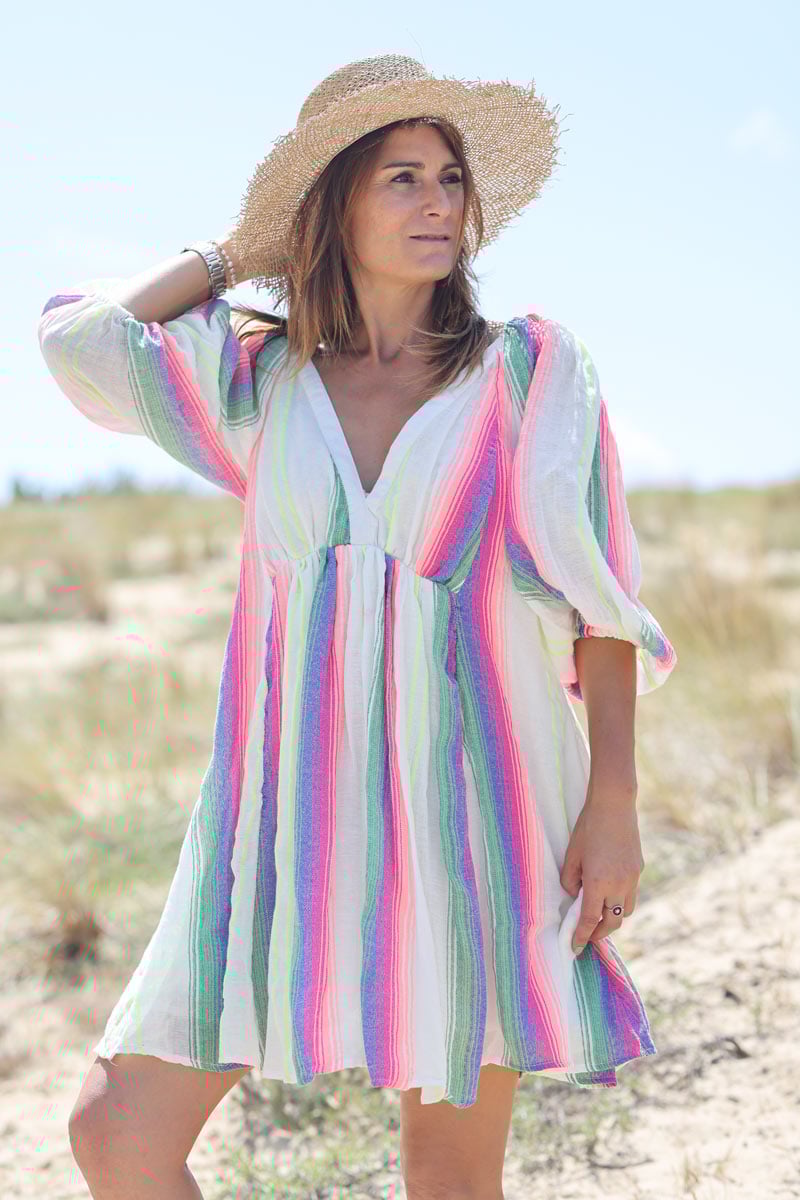 Robe en coton doublee dos nu rayures verticales colorees h122 (1)