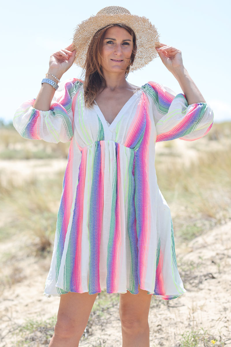 Robe en coton doublee dos nu rayures verticales colorees h122 (1)