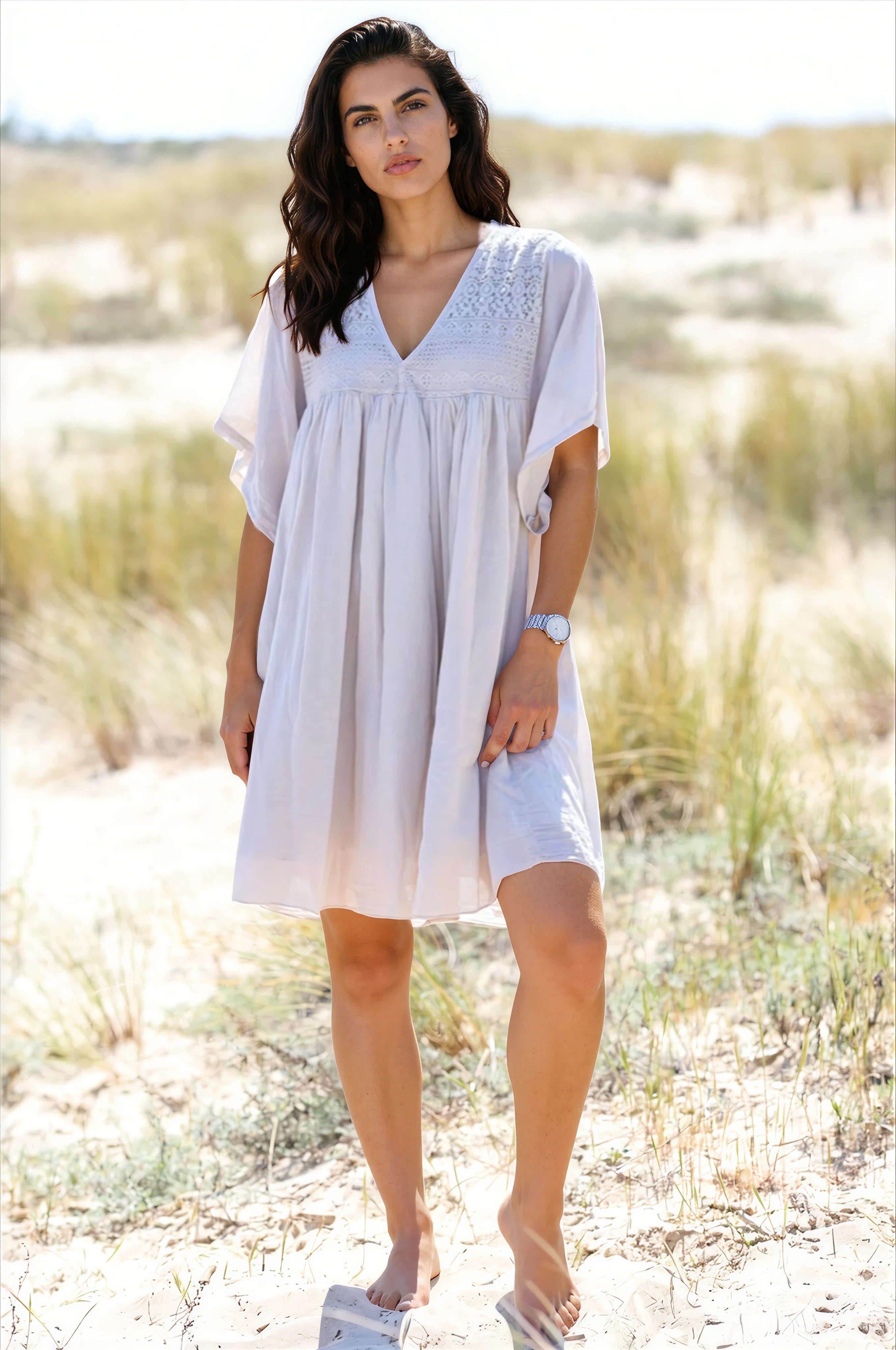 Beige Floaty Cotton Dress with Lace Top