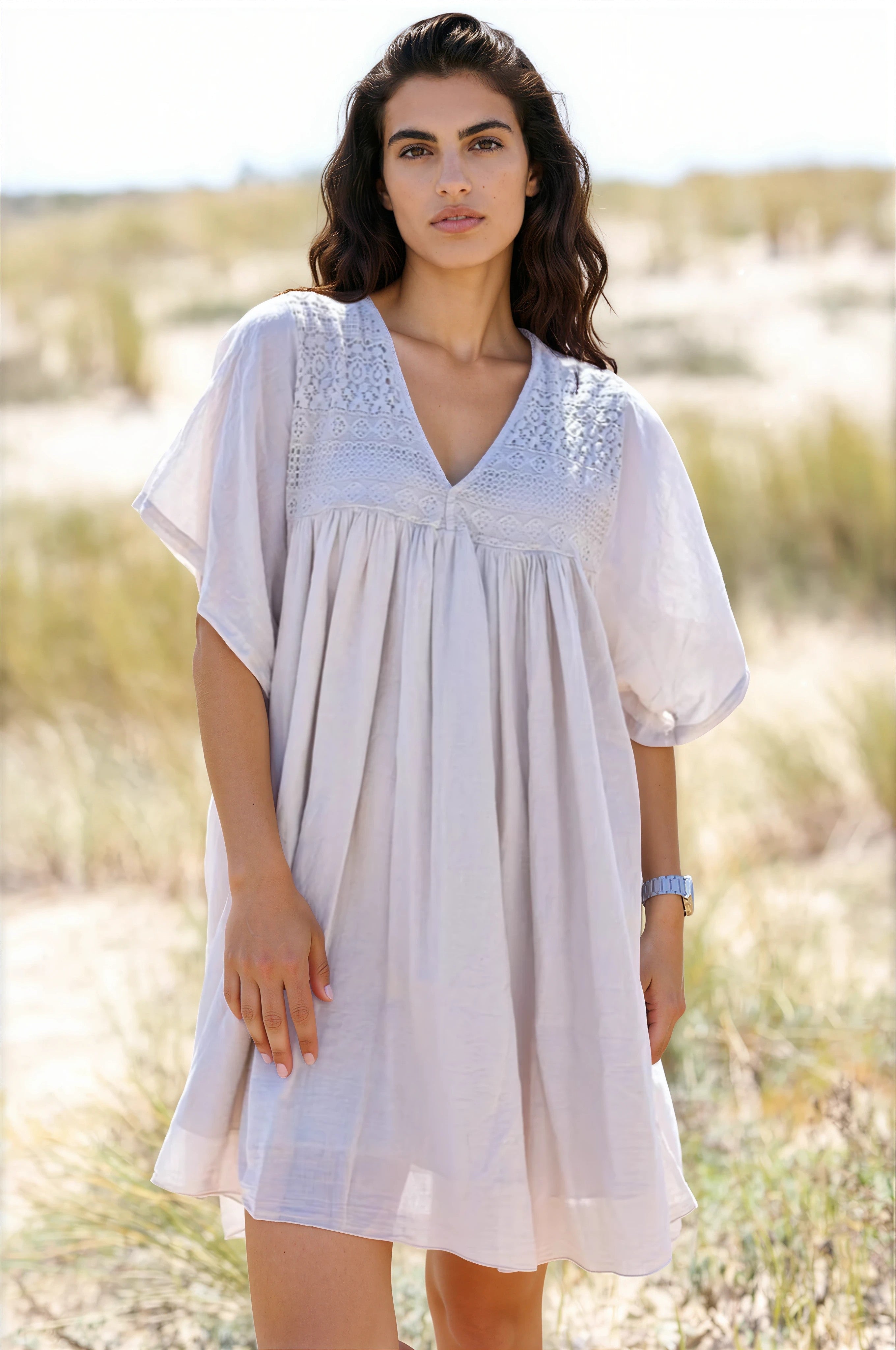 Beige Floaty Cotton Dress with Lace Top