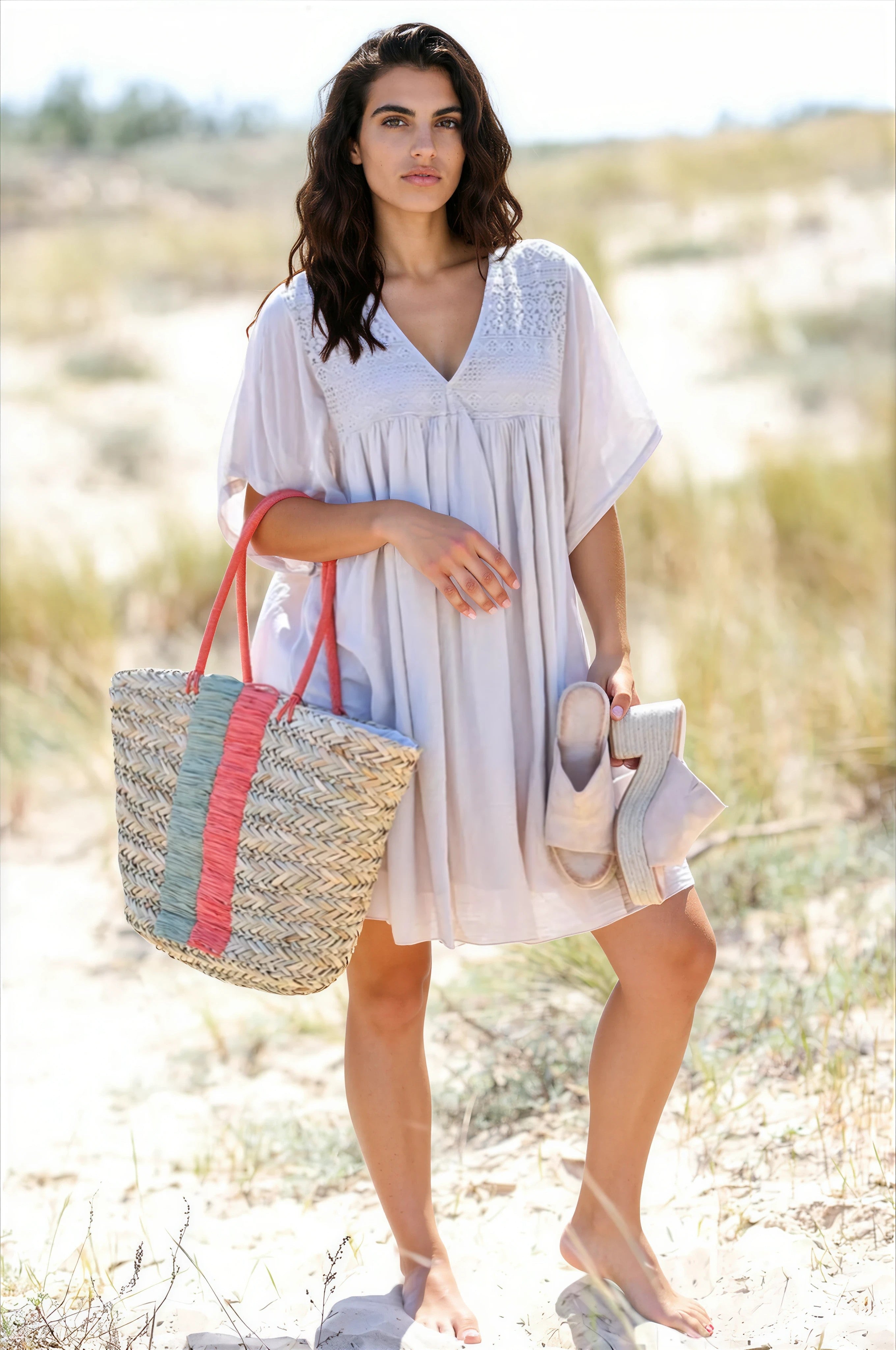 Beige Floaty Cotton Dress with Lace Top