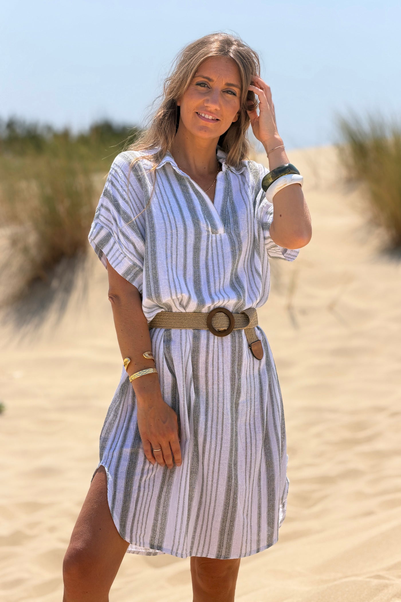 Robe en coton motif rayures kaki effet pique col v