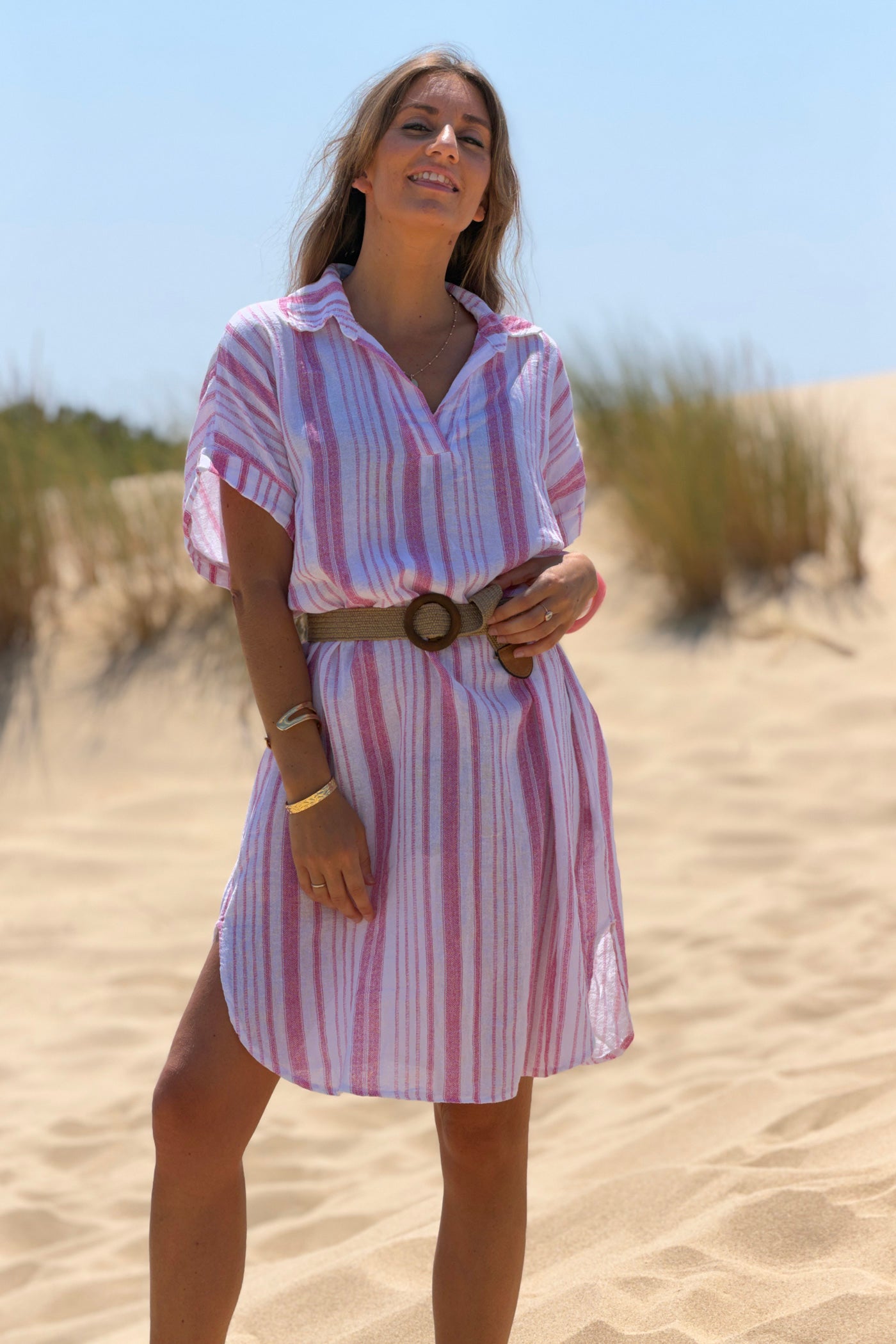Robe en coton motif rayures roses effet pique col v