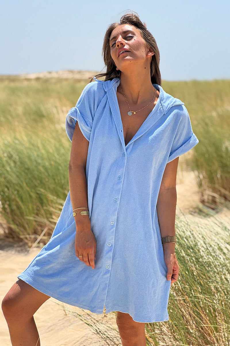 Baby blue Terry Cloth Button-Down Shirt Dress